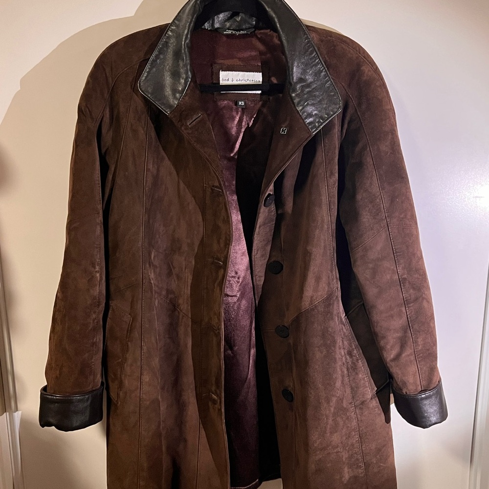 Elegant Brown Suede Trench Coat with Leather Accents